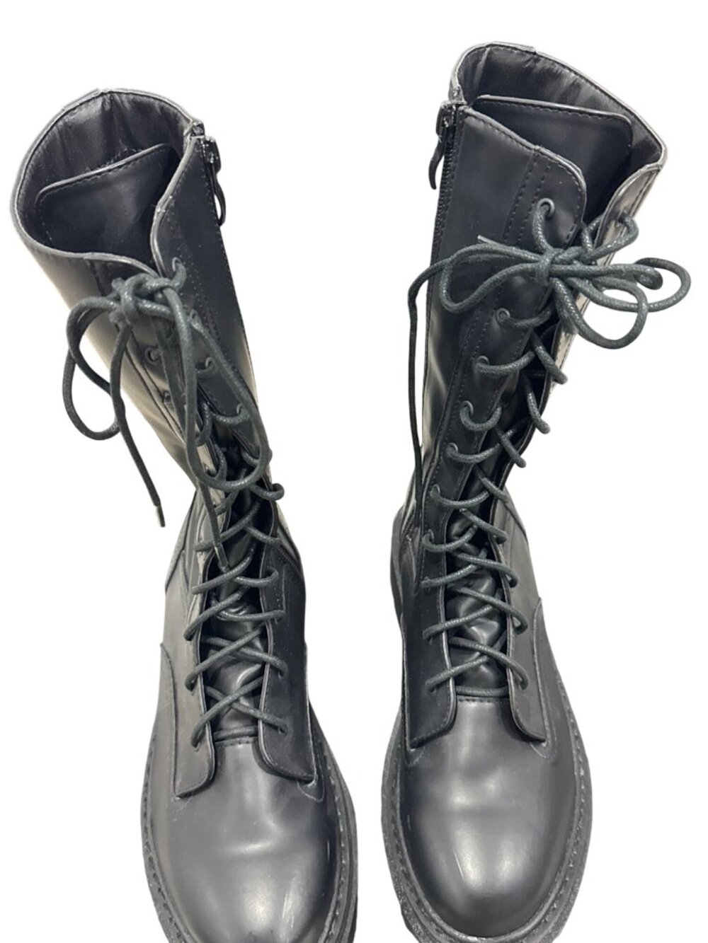 NASTY GAL Black Leather Combat Boots Mid Calf Lace Up Zip Side Chunky Platform 3 - Picture 3 of 8